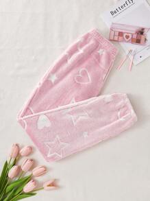 Women's Heart & Star Jacquard Fleece Fluffy Sleep Pants, Thick Winter, For Fall Winter, Cozy - Baby Pink - View 1