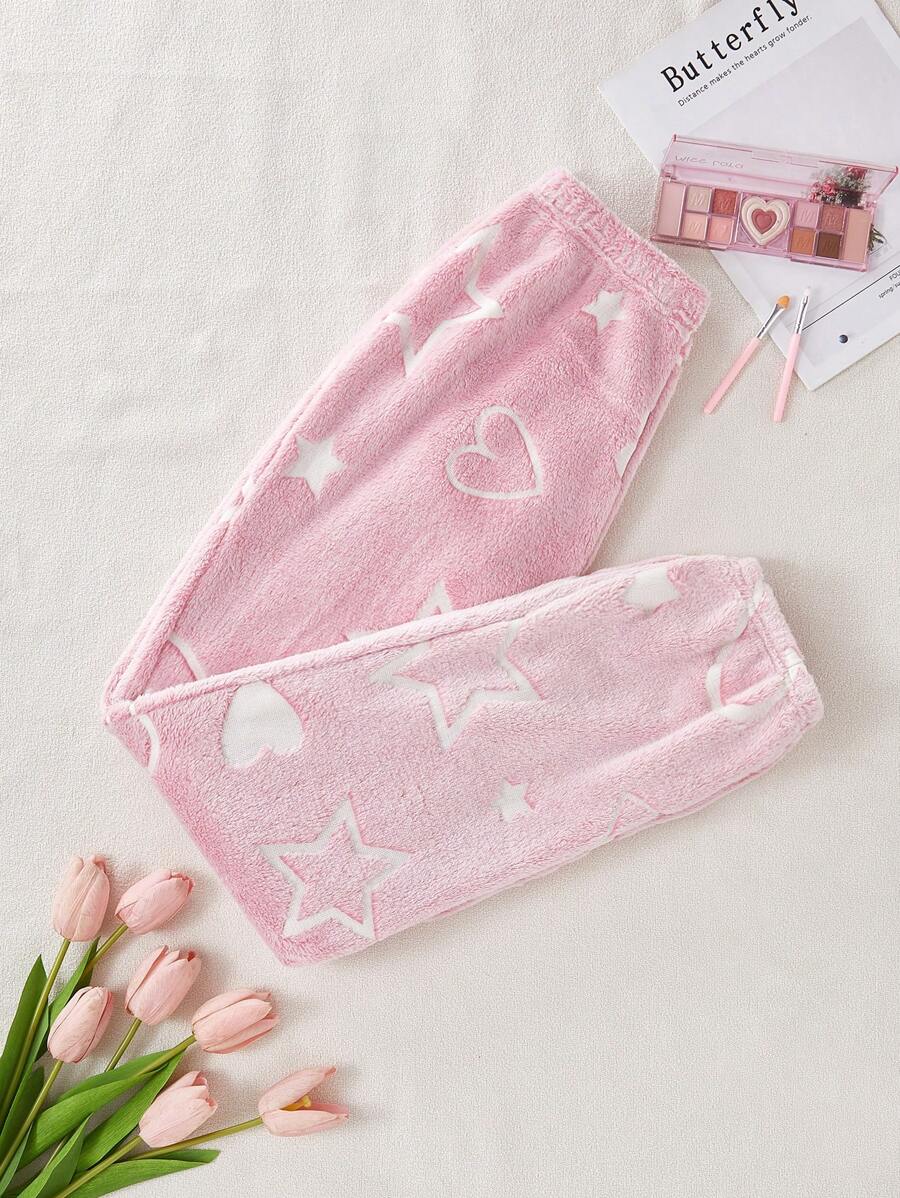 Women's Heart & Star Jacquard Fleece Fluffy Sleep Pants, Thick Winter, For Fall Winter, Cozy - Baby Pink - View 1