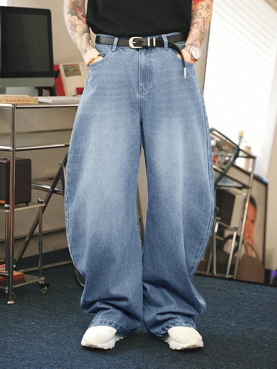 Manfinity Denimwave Quần jeans ống rộng dáng suông màu xanh nhạt bạc màu, phong cách đường phố Y2K dành cho nam giới. - Rửa nhẹ - Xem 1