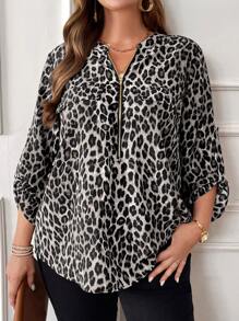 EMERY ROSE Plus Size Women Leopard Print Zip Closure Long Sleeve Shirt - Grey - View 1