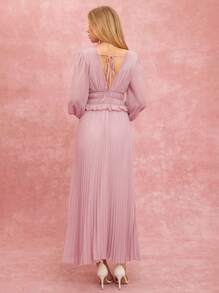 Enchnt 女士优雅纯色灯笼袖褶皱连衣裙，春夏 - 藕粉色 - 查看 2