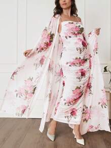 SHEIN Bộ 2 váy dự tiệc cưới cho bà bầu, váy quấn hoa hồng & váy trắng bó sát, dành cho phụ nữ mang thai - Hồng - Xem 1