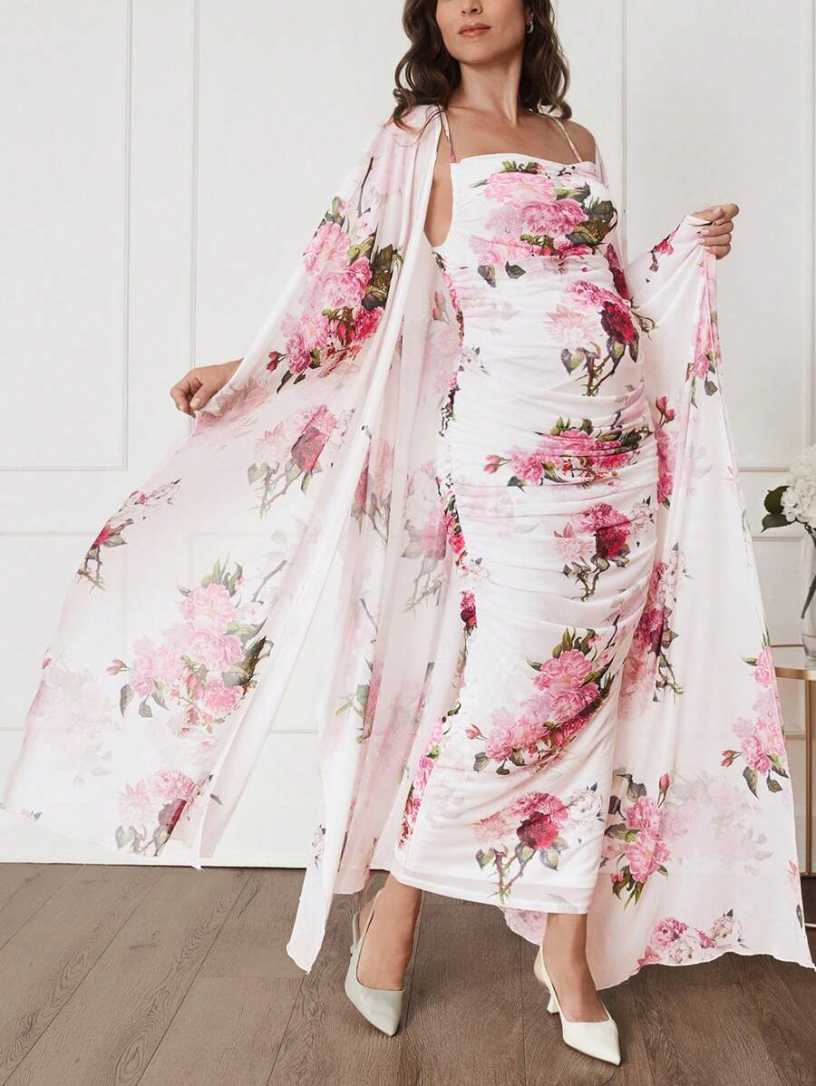 SHEIN Bộ 2 váy dự tiệc cưới cho bà bầu, váy quấn hoa hồng & váy trắng bó sát, dành cho phụ nữ mang thai - Hồng - Xem 1