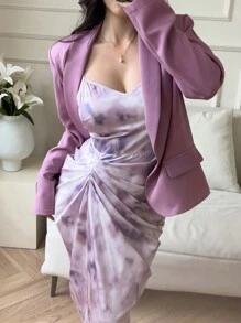 Modelyn 女士春夏优雅扎染褶裥吊带裙搭配纯色西装外套两件套 - 彩色 - 查看 3