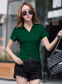 INAWLY Camiseta casual de manga corta con cuello de mujer, unicolor, verano