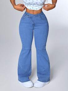 SHEIN ICON 女式休闲破洞修身喇叭牛仔裤 - 藍色 - 查看 5