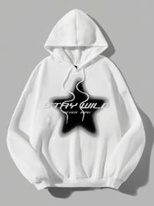 SHEIN EZwear Sudadera holgada de mujer con capucha, cordón y patrón de estrella minimalista casual, otoño/invierno