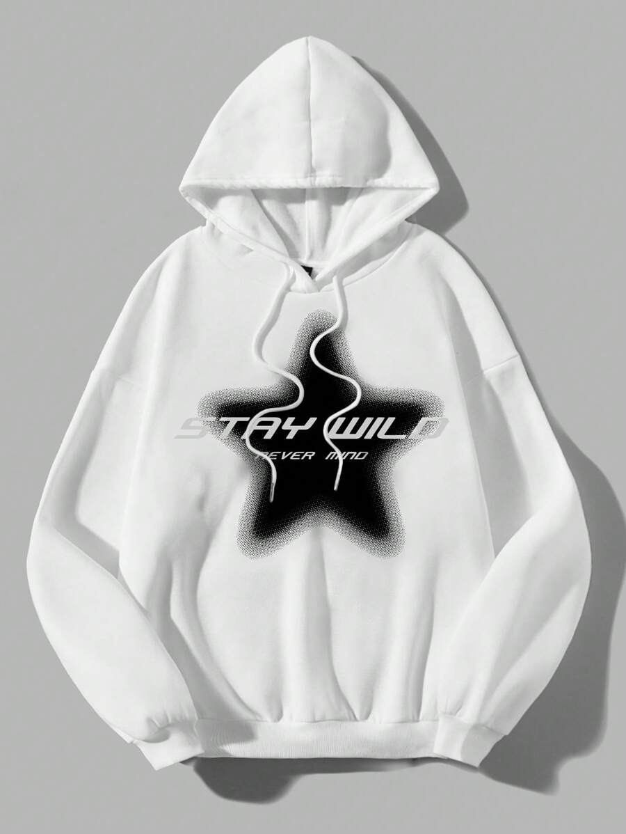 SHEIN EZwear Sudadera holgada de mujer con capucha, cordón y patrón de estrella minimalista casual, otoño/invierno