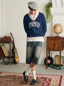 Manfinity VCAY Men V-Neck Letter Printed Long Sleeve Pullover Sweater