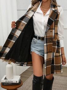 SHEIN Clasi Fashionable & Elegant Sleeveless Cinched Waist Plaid Blazer For Work