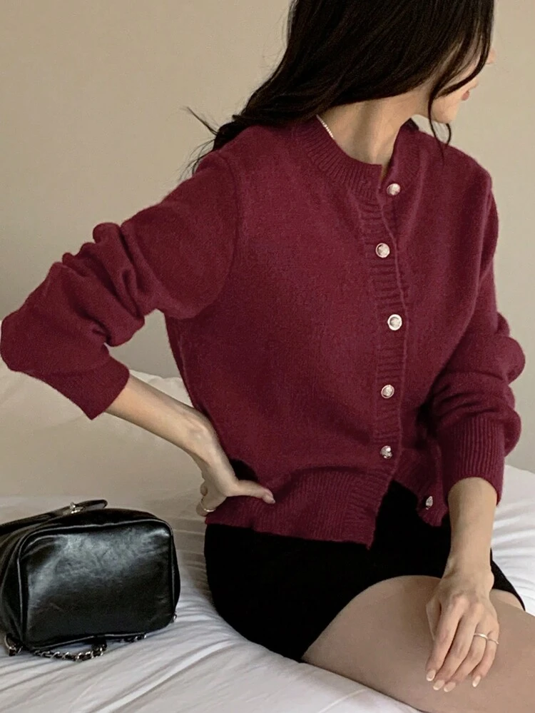 1pc Red Cardigan, Autumn, Ladies Spring/Fall Casual Button Regular Sleeve Round Neck Regular Fit Red Plain Women Cardigans, Casual Daily Wear,Long Sleeve Tops Old Money Style