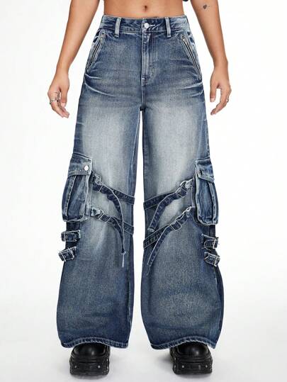 Grunge Punk Jeans boyfriend femme ample et décontracté avec poche cargo, style punk délavé