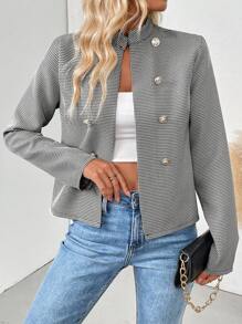 Chiquease Chaqueta con doble botonadura de metal con cuello alto, manga larga y estampado de pata de gallo para mujer, para primavera y otoño