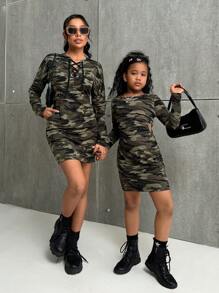 SHEIN Essnce 女式春夏长袖孔眼系带口袋修身迷你连衣裙 - 彩色 - 查看 3