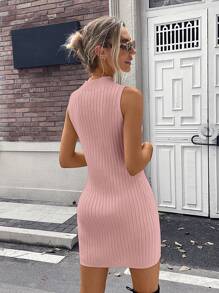 SHEIN Essnce 春夏休闲纯色无袖开叉毛衣裙 - 粉色 - 查看 2
