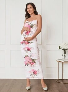 SHEIN Bộ 2 váy dự tiệc cưới cho bà bầu, váy quấn hoa hồng & váy trắng bó sát, dành cho phụ nữ mang thai - Hồng - Xem 6