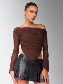 SHEIN BAE 纯棕色不对称下摆褶饰不对称肩部网眼针织长袖上衣，秋季女式上衣，露肩上衣 - 咖啡棕 - 查看 3