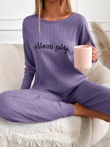 RueChic Ensemble de pyjama 100% coton pour femmes avec impression de lettre, manches longues - Lilas - Voir 3