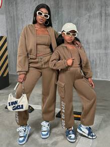 SHEIN 青少年女孩休闲街头时尚纯色连帽运动衫运动衫配吊带背心和抽绳裤母女套装（2 套单独出售），羊毛，加厚 - 棕色 - 查看 1