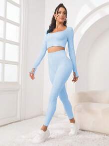 Core Rhythm 2pcs Women Solid Color Long Sleeve Cropped Tight T-Shirt And Seamless High Stretch Leggings Sports Set ,2 Pieces Set Blue - Blue - View 3