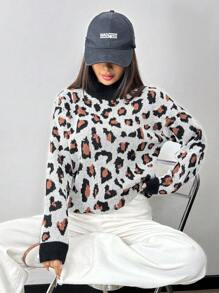 Chiquease Leopard Jacquard Knit Casual Loose High-Neck Long Sleeve Pullover Sweater Knit Pullover Fall Winter Outfit
