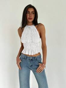 Aloruh 挂脖可调节系带前褶皱分层半透明浪漫约会夜短款外出上衣女士 - 白色 - 查看 7