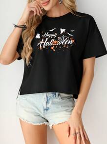 SHEIN Essnce 2024 Halloween Pumpkin Head, Spider, Ghost Print Loose Black Gothic Style Short Sleeve T-Shirt - Black - View 3