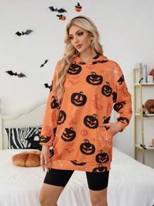 SHEIN Essnce 2024 Autumn Women's Halloween Custom Women's Dark Style Pumpkin Head Witch Devil Costume, Halloween Sweatshirt, Halloween Costume Vampire Dress - Orange - View 4