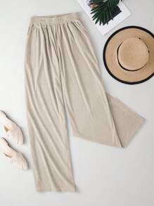 SHEIN Women's Solid Color Simple Adjustable Waist Casual Baggy Pants Fall Cloth For Women - Beige - View 5