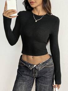 Flirla 女士圆领长袖修身温柔甜美简约风格毛衣，针织套头衫，秋冬款 - 黑色 - 查看 4