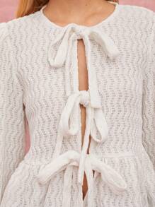 Women's Round Neck Long Sleeve Tie Front Casual Fashion Blouse - Pink - View 8
