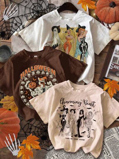 Attitoon Set de 3 camisetas de mujer de manga larga con cuello redondo, estilo casual retro con gráfico de fantasma de Halloween, apropiadas para Halloween, bruja retro, calabaza, estampado gráfico, verano
