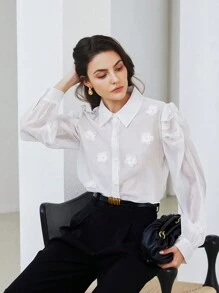 GENKIRA Vintage Pearl Floral 3D Puff Sleeve Loose French Style Long Sleeve Blouse Fall Cloth For Women - White - View 6
