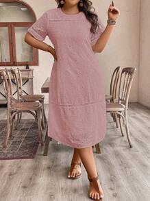 EMERY ROSE Plus Size Eyelet Embroidered Woven Patchwork Round Neck Long Sleeve Dress Women Outfit, For Summer - Dusty Pink - View 5