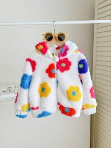 Baby Girl Cute & Versatile Fluffy Floral Print Hooded Jacket, Autumn/Winter