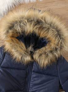 SHEIN 2pcs/Set Baby Boy/Girl Warm Fuzzy Hooded Jacket & Overalls Outfit, Suitable For Autumn And Winter, Great For Outdoor/Skiing