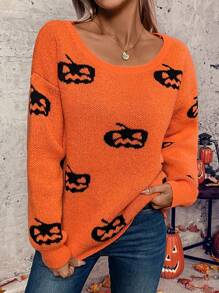 SHEIN LUNE Pull en tricot à motif citrouille pour Halloween, pull pour l'automne et l'hiver - Orange - Voir 4