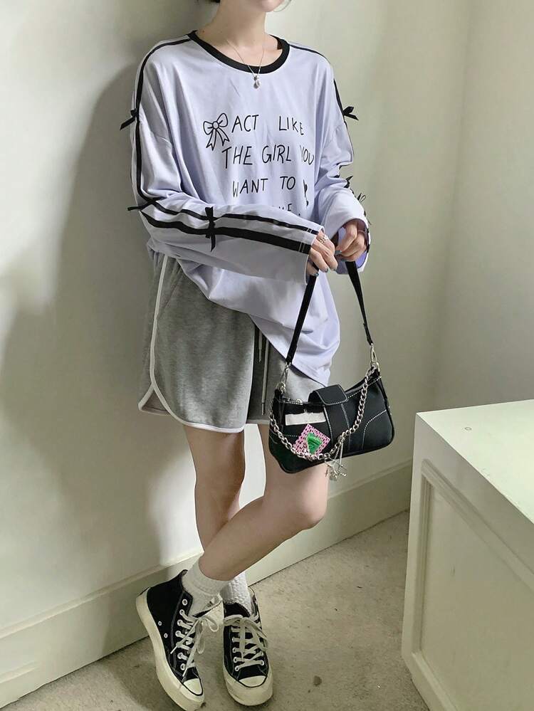 Women's Casual T-Shirt With Slogan Print And Bow Decor, Autumn Spring,Graphic Tees Long Sleeve