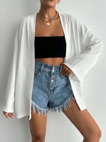 SHEIN Cottnline 女士编织纯色宽松休闲和服罩衫，适合夏季海滩度假 - 白色 - 查看 5