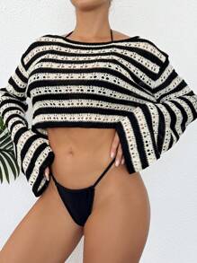 Cubre pareo de mujer de manga larga con hombros caídos, estampado de rayas y calado, para vacaciones de verano - Multicolor - Ver 4