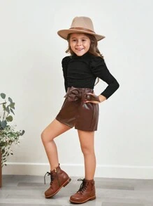 SHEIN Young Girl Plain Color All-Match Stand Collar T-Shirt With Puff Sleeves, Versatile - Black - View 7