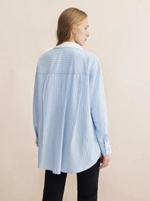 BizChic Women's Turndown Collar Contrast Color Long Sleeve Striped Blouse  Baggy Shirts  Work Blouse - Blue - View 6