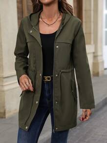 SHEIN PETITE Áo khoác trùm đầu màu trơn có túi và dây rút ở eo - xanh quân đội - Xem 3