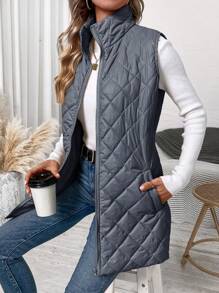 SHEIN Clasi Plus Size Casual Quilted Zip-Up Padded Coat, Suitable For Winter Fall Autumn - Dusty Blue - View 7