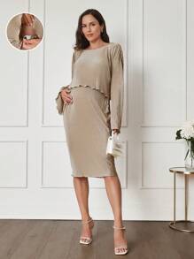 MaterniWear 2pcs Maternity Set: Khaki Top & Loose A-Line Skirt Set, Spring Autumn - Khaki - View 1