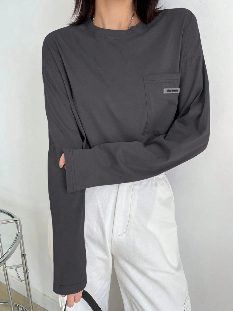 Women's Crew Neck Long Sleeve Casual Pocket Solid Color T-Shirt,Fall Clothes