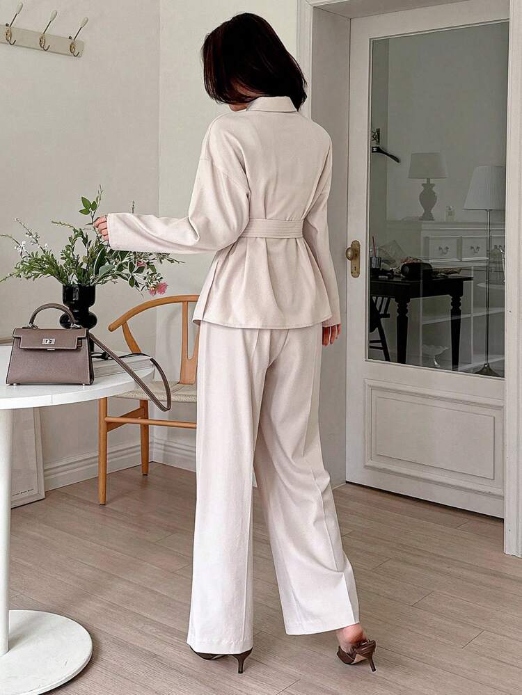 2pcs/Set Women's Solid Color Long Sleeve Shirt And Wide Leg Pants,Fall Women Clothes