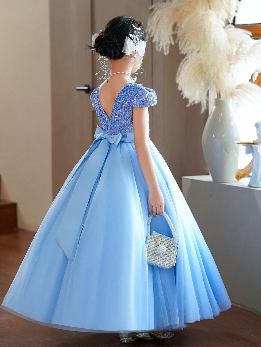 SHEIN Vestido de dama de honor para niña preadolescente, vestido de gala infantil de princesa, vestido formal de cumpleaños, adecuado para Navidad, Halloween, Acción de Gracias - Azul - Ver 1