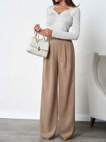 SHEIN Tall 100%Cotton Tall Women's Linen Beige Wide Leg Pants - Beige - View 3