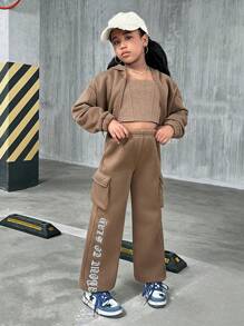 SHEIN 青少年女孩休闲街头时尚纯色连帽运动衫运动衫配吊带背心和抽绳裤母女套装（2 套单独出售），羊毛，加厚 - 棕色 - 查看 2